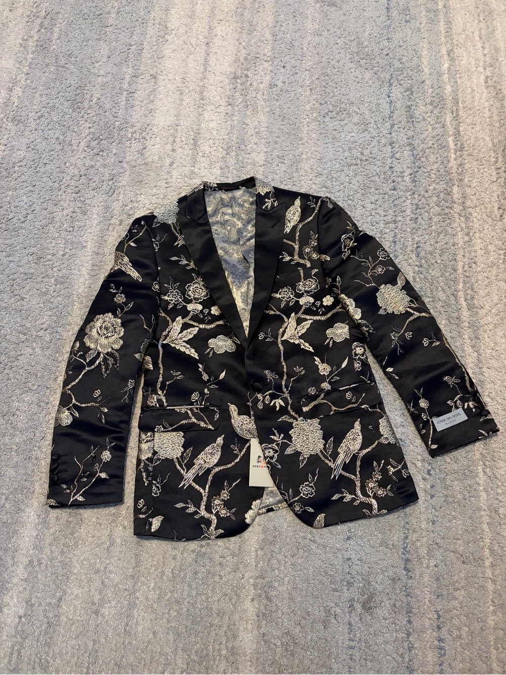 Kent & Park Italy Men's Metallic Brocade Blazer Black Gold Silver Bird Floral